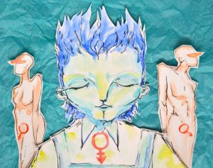 Drawing of three figures with gender symbols on them created by a young Hunter Schafer