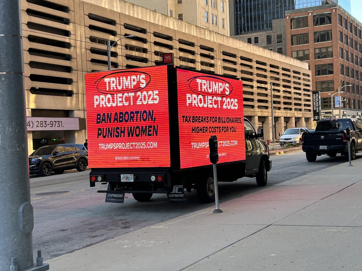 Project 2025 advertising van in Milwaukee during 2024 RNC