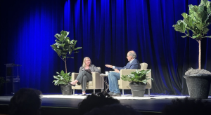 David Axelrod (right) in discussion with Professor Nicole Hemmer (left) at Langford Auditorium, August 27th, 2024. Photo courtesy of Jared Contant.
