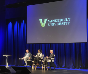 Charlane Oliver (center) in conversation with Professor Jon Meacham (right) and Professor John Geer (left) at Langford Auditorium, September 17, 2024. Photo courtesy of Isbaah Pirwani.