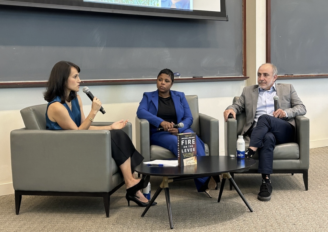 Pictured from Left to Right: Professor Alissa Heydari, Special Agent Ashley Johnson, Jared Fishman answering student questions on the book “Fire on the Levee: The Murder of Henry Glover and the Search for Justice After Hurricane Katrina”

