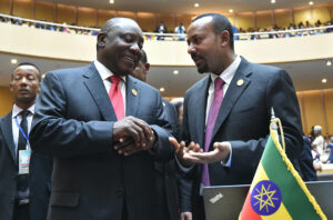 President Cyril Ramaphosa with Prime Minister of Ethiopia Abiy Ahmed during the opening session of the 32nd Ordinary Session of the Assembly of Heads of State and Government of the African Union. The Assembly takes place from 10-11 February 2019 under the theme: “The Year of Refugees, Returnees and International Displaced Persons: Towards Durable Solutions to Forced Displacement in Africa”. It presents an invaluable opportunity to reflect on and address the root causes of forced displacement in Africa. 10/02/2019 Kopano Tlape GCIS