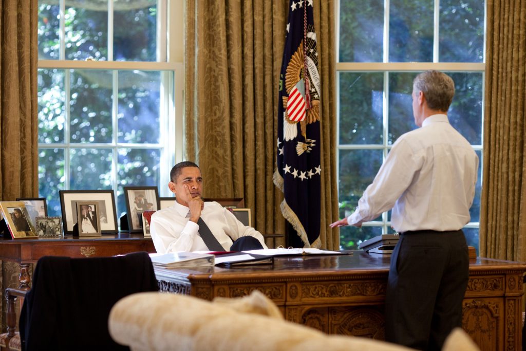President Barack Obama meets with White House Chief of Staff Rahm Emanuel in the Oval Office, Oct. 9, 2009.  (Official White House Photo by Pete Souza)This official White House photograph is being made available only for publication by news organizations and/or for personal use printing by the subject(s) of the photograph. The photograph may not be manipulated in any way and may not be used in commercial or political materials, advertisements, emails, products, promotions that in any way suggests approval or endorsement of the President, the First Family, or the White House.