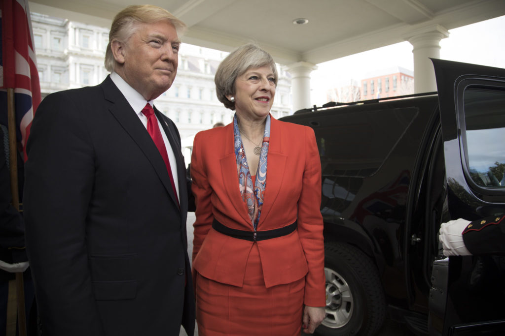 President Donald Trump greets British Prime Minister Theresa May upon her arrival, Friday, Jan. 27, 2017, to the West Wing entrance of the White House in Washington, D.C. (Official White House Photo by Shealah Craighead)